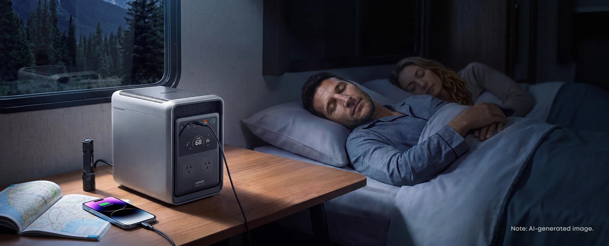 Anker SOLIX S2000 running quietly beside a bed in a campervan at night
