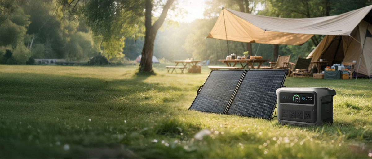 A portable power station and solar panels set up in a grassy campsite next to a beige tarp tent and trees, with warm sunlight filtering through the background.